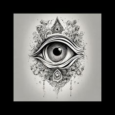 an all seeing eye surrounded by flowers and swirls on a gray background with black ink