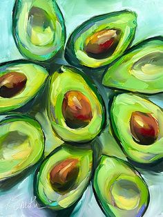 an acrylic painting of avocados arranged in a circle on a blue background