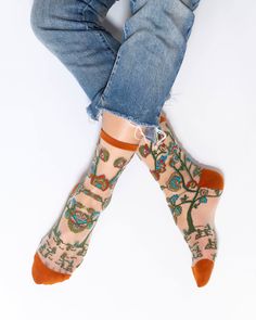 Fancy Socks, Women Socks Fashion, Shopping Wishlist, Floral Socks, Orange Heels, Sheer Socks, Women Crew Socks, Dress Well, Sheer Fashion