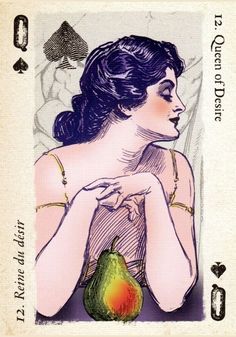 a card with an image of a woman holding a pear