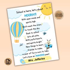 a card with an image of a hot air balloon and the words school is here, let's about hooray