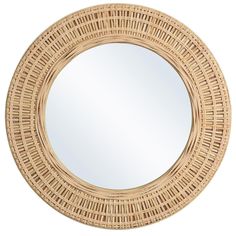 a round mirror made out of wicker