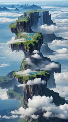 an island floating in the air surrounded by clouds and mountains, with a river running through it