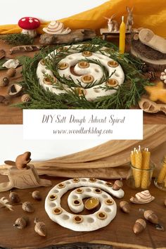 an assortment of mushrooms and other items on a wooden table with text overlay that reads diy salt dough art swirl