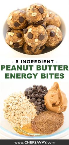 peanut butter energy bites with chocolate chips, oats and peanut butter on the side