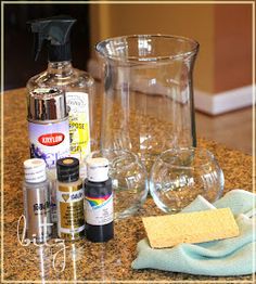 the contents of a kitchen counter top are neatly organized and ready to be used for cleaning