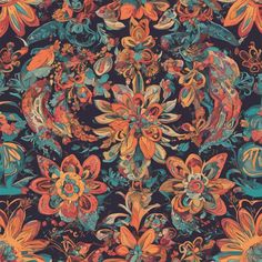 an ornate floral design with many colors and shapes on a dark background, it is very colorful