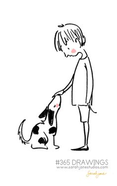 a drawing of a boy holding his dog's paw and looking at the ground