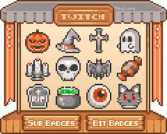 Halloween Sub Badges Pack Halloween Pixel Gif, Halloween Pixel Icons, Halloween Pixel Art 32x32, Spooky Pixel Gif, Spooky Items, Badges Design, Pixel Twitch Badges, Twitch Badges, Twitch Stream