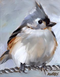 a painting of a bird sitting on a rope