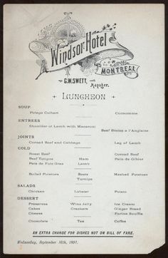 an old menu for the windsor hotel