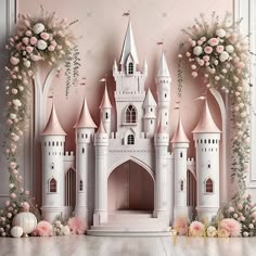 an image of a princess castle with flowers on the wall and roses in the background