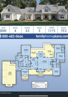 the house plan for this family home is shown in blue and white, with two story houses