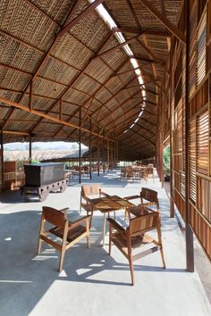 an outdoor covered area with wooden tables and chairs under a thatched roof, surrounded by wood slats