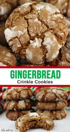 gingerbread crinkle cookies stacked on top of each other with the title above it