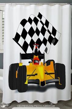 * Yellow Race Car with Checkered Flag Shower Curtain by #Gravityx9Designs / #Sports4you at Cafepress * VROOM VROOM VROOM! On the way past the finish line!! Waving the winning Checkered Flag! * Custom shower curtains made of 100% softened polyester * Measures 70” x 72”12 buttonhole stitch-enforced eyelets * Bathroom shower curtain professionally printed with vivid designs that resist fading * Fits most standard-size showers * This design is on home decor, tee shirts and more. * 0324 Curtain Room Divider Ideas, Curtain Decor Ideas, Shower Curtain Ideas Bathroom, Yellow Race Car, Carving Templates, Art Buddha, Car Party, Race Car Party