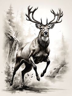 a black and white drawing of a running deer