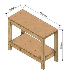 a wooden table with measurements for the top and bottom section, including two shelves on each side