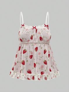 Women Strawberry Print Contrast Lace Vacation Style Spring/Summer Camisole Top, School Red Casual   Mesh Fabric Fruit&Vegetable,All Over Print Cami Medium Stretch  Women Clothing, size features are:Bust: ,Length: ,Sleeve Length: Red Boho, Lace Splicing, Strawberry Print, Bridesmaid Outfit, Style Spring, Vacation Style, Flowy Skirt, Look Chic, Clothes Gift