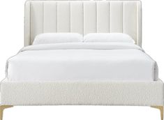 a bed with white sheets and pillows on top of it, against a white background