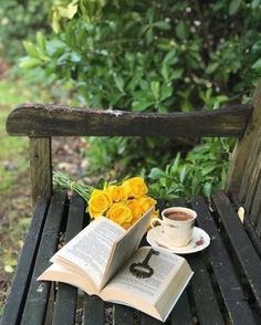 an open book, cup of coffee and yellow roses on a bench in the park