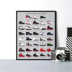 a poster with different types of shoes on it next to an old camera and other items