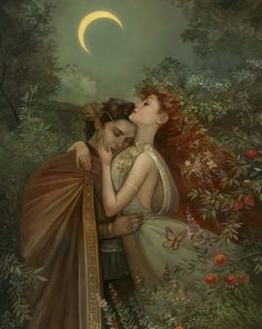 two women embracing each other in front of a moon and tree with flowers on it