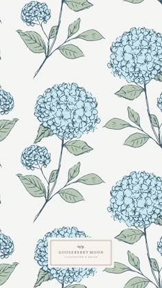 blue flowers and green leaves on a white background