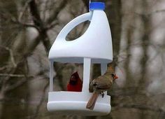 two birds perched on top of a white bird feeder in the middle of a forest