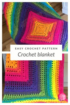 the easy crochet blanket is made with bright colors