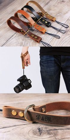 a person holding a camera and some leather straps