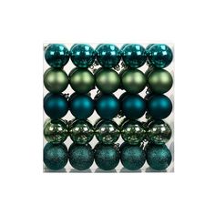 green and teal christmas ornaments arranged in rows