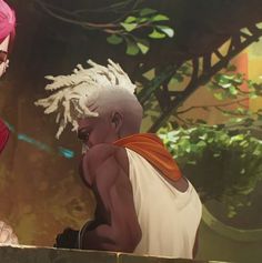 two people with pink hair are sitting on a ledge and one is looking at the camera