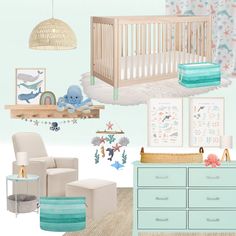 a baby's room with blue and white decor, including a crib, chair, dresser, wall hangings and pictures on the walls