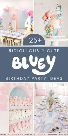 a birthday party with pink, blue and white decorations on the table is featured in this collage