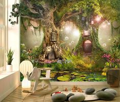 a room with a tree, chair and wall mural