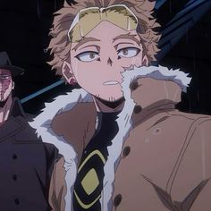 two anime characters standing next to each other in front of a rain soaked building, one with blonde hair and the other wearing an overcoat