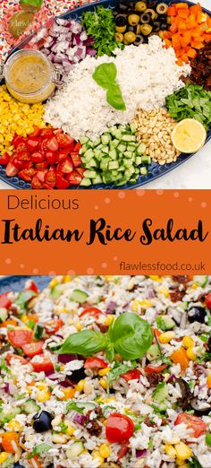 the salad is ready to be eaten and served on the platter, with text overlay that reads delicious italian rice salad