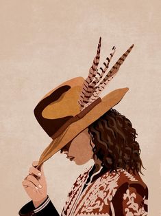 a woman wearing a brown hat with feathers on it's brim and holding a cell phone to her ear