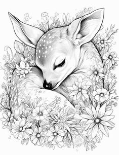 a black and white drawing of a deer sleeping in flowers