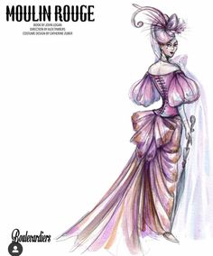 a drawing of a woman in a purple dress and hat with the words moulin roue on it