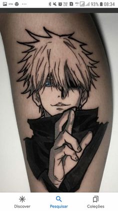 a man's leg with a black and white anime character tattoo on his arm