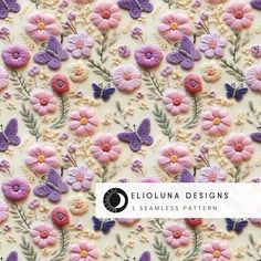 an image of some flowers and butterflies on a white background with the words sequina designs 1 seamless pattern