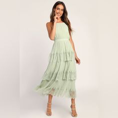 Brand New, Perfect Condition! Sage Green Bridesmaid Dress, Spring Wedding Guest Dress, Tiered Maxi Skirt, Designer Jumpsuits, Mai Tai, Lace Maxi, Ruffled Maxi Dress, Lulu Dresses, Lace Maxi Dress