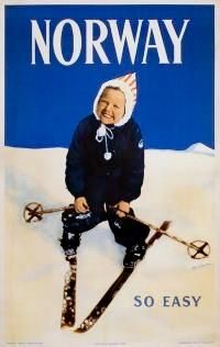 a poster with a child on skis sitting in the snow wearing a hat and scarf