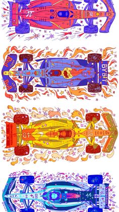 three different colored cars are shown side by side in this graphic art work, one is blue and the other is red