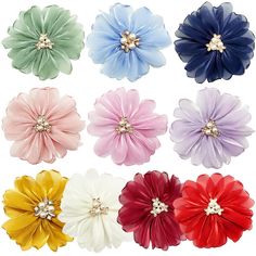 PRICES MAY VARY. 【Package Content】- One set with 10 pieces chiffon flowers in vivid color, soft and elegant, meet your different needs of flower DIY craft project 【Material】- These fabric flowers are made of glossy chiffon (flower) with burnt edge, faux pearl & rhinestone(stamen) and felt (back), lightweight and delicate, silk-like and shiny under the light 【Size】- Each chiffon flower applique is about 3.5 inch in diameter, back felt is 1 inch in diameter, allow you to DIY your personalized wedd Hair Accessories Diy, Flowers Wine, Flower Collar, Personalized Wedding Decor, Red Blush, Blue Sage, Chiffon Flower, Chiffon Flowers, Pink Lavender