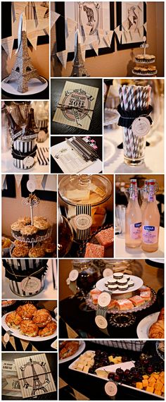 a collage of photos showing different desserts and beverages on display at a party