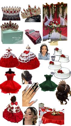 a collage of photos with different types of dresses and tiaras on display in front of the camera