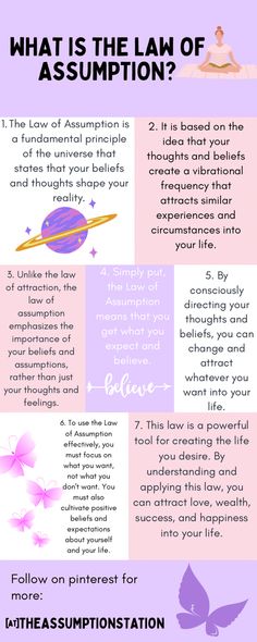 Infographic explaining the Law of Assumption with the title 'What is the Law of Assumption?' at the top. The infographic includes a colorful design with icons and text boxes explaining the basic principles of the Law of Assumption. The content includes tips for applying the Law of Assumption to manifest abundance, success, and happiness. How To Believe In Manifestation, Great Philosophers Quotes, Philosophers Quotes, The Law Of Assumption, Power Of Manifestation, How To Believe